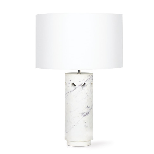 White marble table lamp with white linen shade